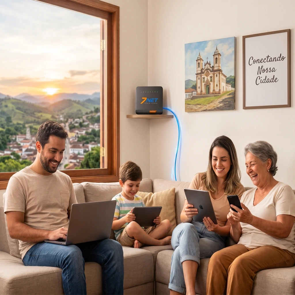 Família conectada à internet da 7Net em casa