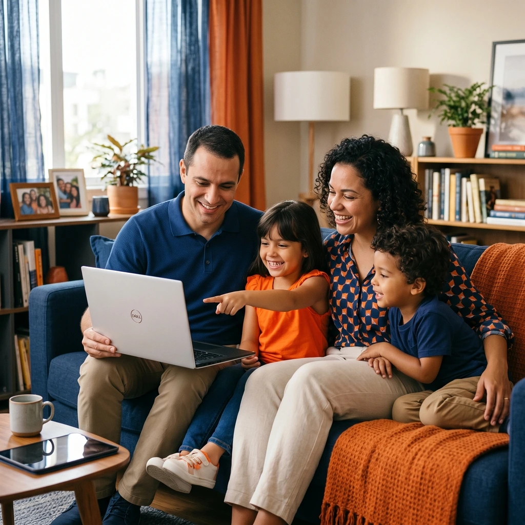 Família conectada usando um notebook em casa